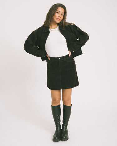 Mia Flock Short Denim Skirt Brown - Things I Like Things I Love