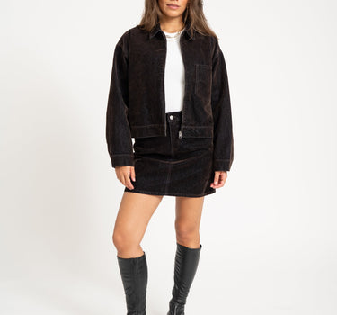 Mia Flock Short Denim Skirt Brown - Things I Like Things I Love