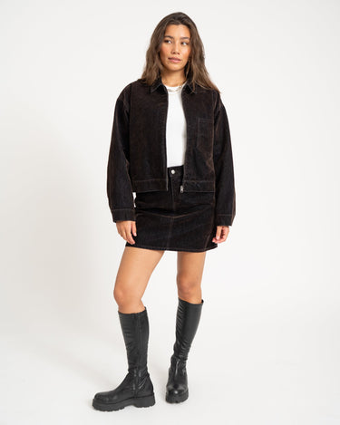 Mia Flock Short Denim Skirt Brown - Things I Like Things I Love