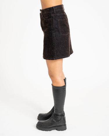 Mia Flock Short Denim Skirt Brown - Things I Like Things I Love