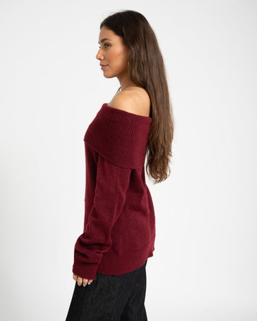 Minka Off Shoulder Knit Cabernet - Things I Like Things I Love