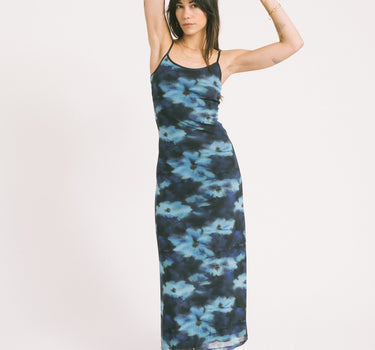 Minna Mesh Singlet Long Dress Blue Blur Flower - Things I Like Things I Love