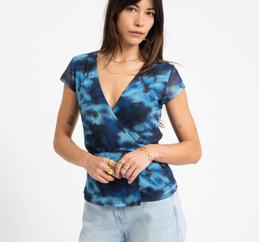 Minna Mesh Wrap Top Blue Blur Flower - Things I Like Things I Love