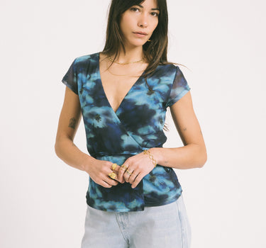 Minna Mesh Wrap Top Blue Blur Flower - Things I Like Things I Love