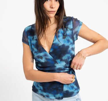 Minna Mesh Wrap Top Blue Blur Flower - Things I Like Things I Love