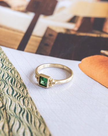 Ring Brass Square Triple Dot Green Stone - Things I Like Things I Love