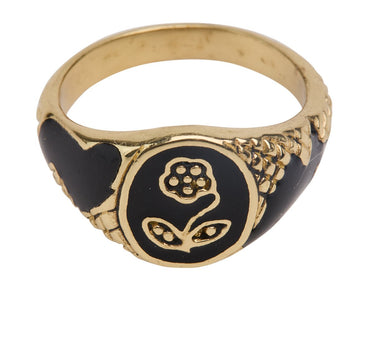 Ring Brass Vintage Black Resin Flower Gold - Things I Like Things I Love