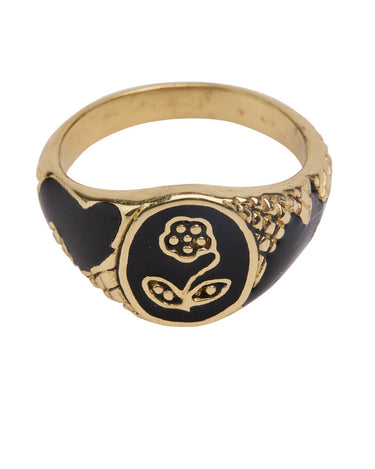 Ring Brass Vintage Black Resin Flower Gold - Things I Like Things I Love