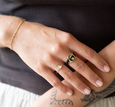 Ring Brass Vintage Black Resin Flower Gold - Things I Like Things I Love