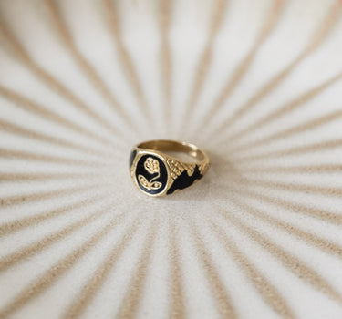 Ring Brass Vintage Black Resin Flower Gold - Things I Like Things I Love