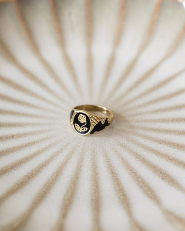 Ring Brass Vintage Black Resin Flower Gold - Things I Like Things I Love