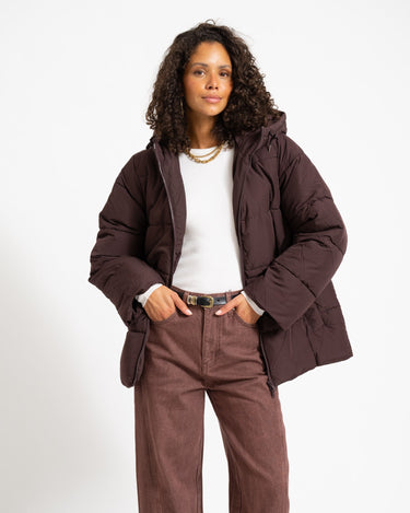 Rosy Waisted Puffer Jacket Chocolate Plum - Things I Like Things I Love