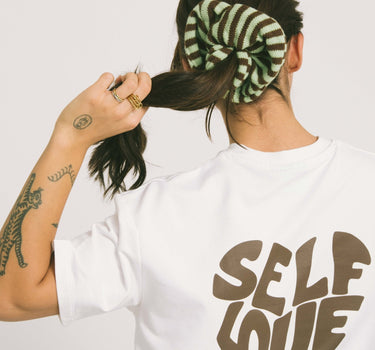 Scrunchie Knitted Minty/Brown Stripy - Things I Like Things I Love