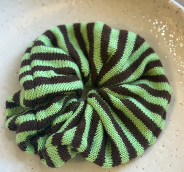Scrunchie Knitted Minty/Brown Stripy - Things I Like Things I Love
