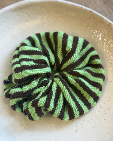 Scrunchie Knitted Minty/Brown Stripy - Things I Like Things I Love