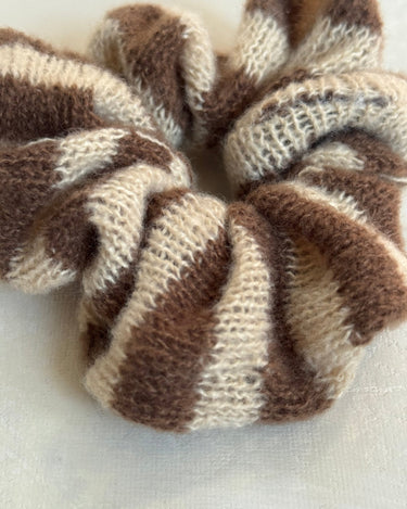 Scrunchie Knitted Taupe Stripy - Things I Like Things I Love