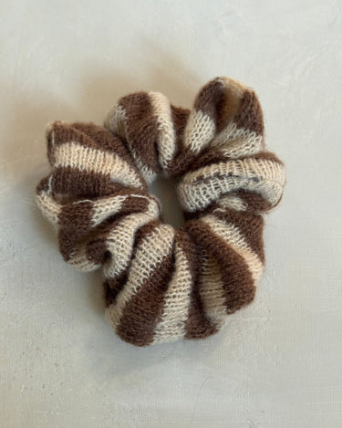 Scrunchie Knitted Taupe Stripy - Things I Like Things I Love