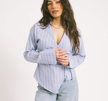 Tie Front Shirt Blue Stripe - Things I Like Things I Love