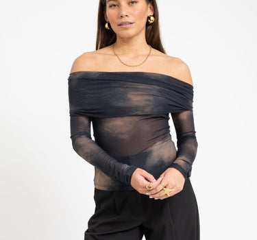 TILTIL Bella Mesh Off Shoulder Top Antraciet - Things I Like Things I Love