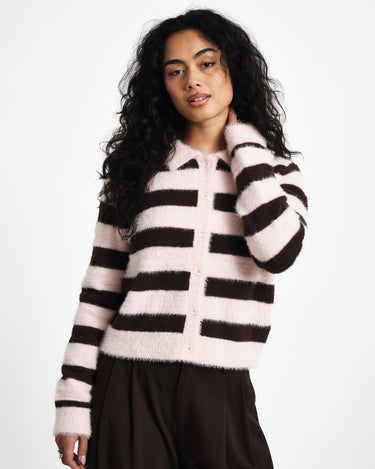 TILTIL Cela Striped Polo Cardigan Pink Brown - Things I Like Things I Love
