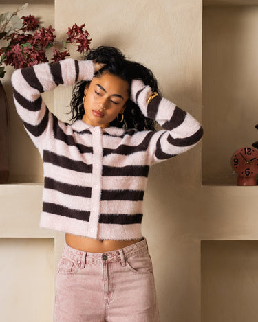 TILTIL Cela Striped Polo Cardigan Pink Brown - Things I Like Things I Love