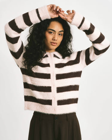 TILTIL Cela Striped Polo Cardigan Pink Brown - Things I Like Things I Love
