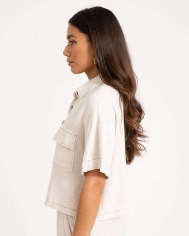 TILTIL Elli Linen Cropped Blouse Melange Beige Seam - Things I Like Things I Love