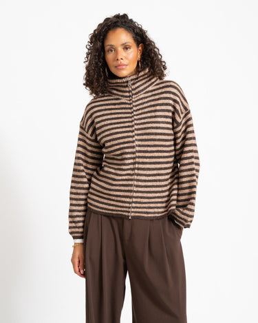 TILTIL Ellie Striped Zipper Cardigan Bruin - Things I Like Things I Love
