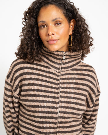 TILTIL Ellie Striped Zipper Cardigan Bruin - Things I Like Things I Love