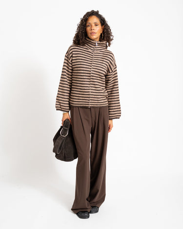 TILTIL Ellie Striped Zipper Cardigan Bruin - Things I Like Things I Love