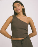 TILTIL Marlou One-Shoulder Top Linen Dark Brown