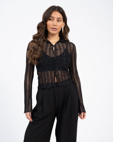 TILTIL Vivienne Striped Mesh Blouse Black - Things I Like Things I Love