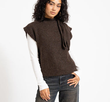 Topshop Cassi Knitted Tie Neck Top Knit Chocolate Brown - Things I Like Things I Love
