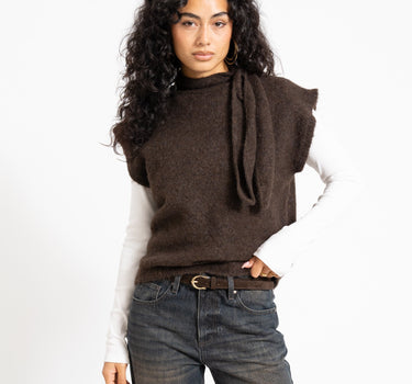 Topshop Cassi Knitted Tie Neck Top Knit Chocolate Brown - Things I Like Things I Love