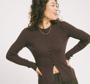 Ukino O - Neck Knit Cardigan Chocolate Plum - Things I Like Things I Love