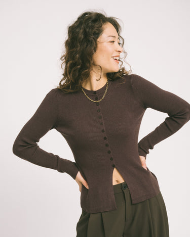 Ukino O - Neck Knit Cardigan Chocolate Plum - Things I Like Things I Love