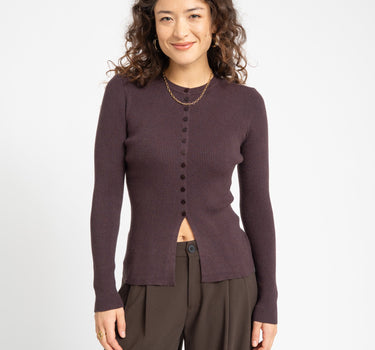 Ukino O - Neck Knit Cardigan Chocolate Plum - Things I Like Things I Love