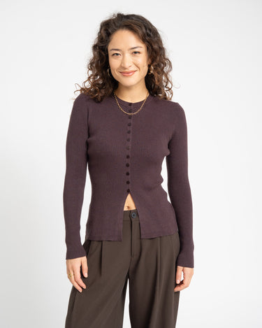 Ukino O - Neck Knit Cardigan Chocolate Plum - Things I Like Things I Love
