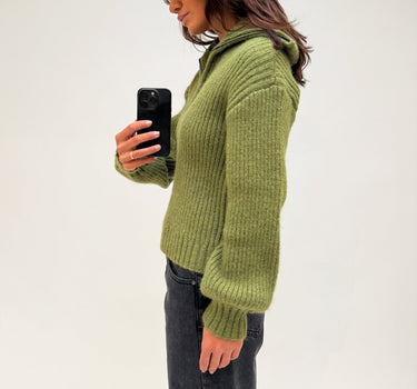 Ulla High Neck Half Zip Knit Calliste Green - Things I Like Things I Love