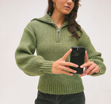 Ulla High Neck Half Zip Knit Calliste Green - Things I Like Things I Love