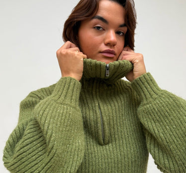 Ulla High Neck Half Zip Knit Calliste Green - Things I Like Things I Love