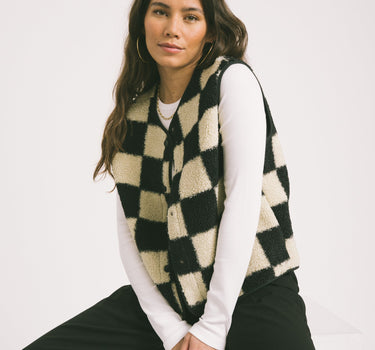 Vera Check Teddy Vest White Black - Things I Like Things I Love