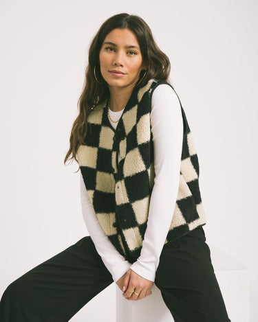 Vera Check Teddy Vest White Black - Things I Like Things I Love