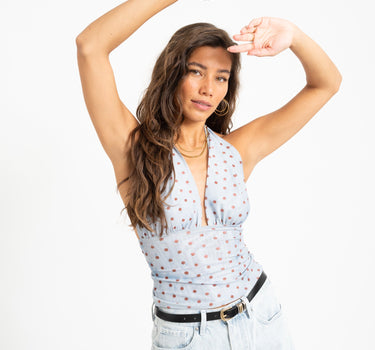 Vera Open Back Polkadot Top Blauw - Things I Like Things I Love