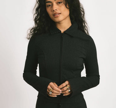Wayne Striped Zip Top Black Morel - Things I Like Things I Love