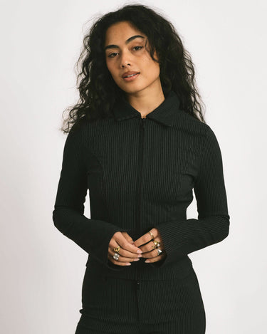 Wayne Striped Zip Top Black Morel - Things I Like Things I Love