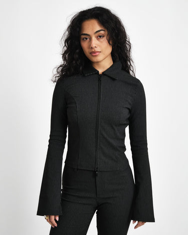 Wayne Striped Zip Top Black Morel - Things I Like Things I Love